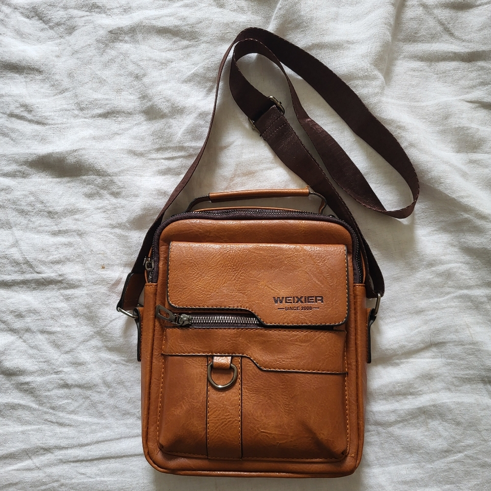 Weixier Men's Spacious Crossbody Bag Brown Synthetic Fabric Multiple Pockets